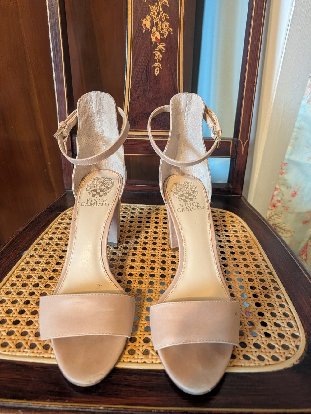 Vince Camuto Beige Ankle-Strap Block Heel Sandals